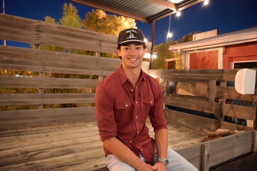 Toledo Hat Co. Black and White Coyote Hat – lifestyle shot outdoors